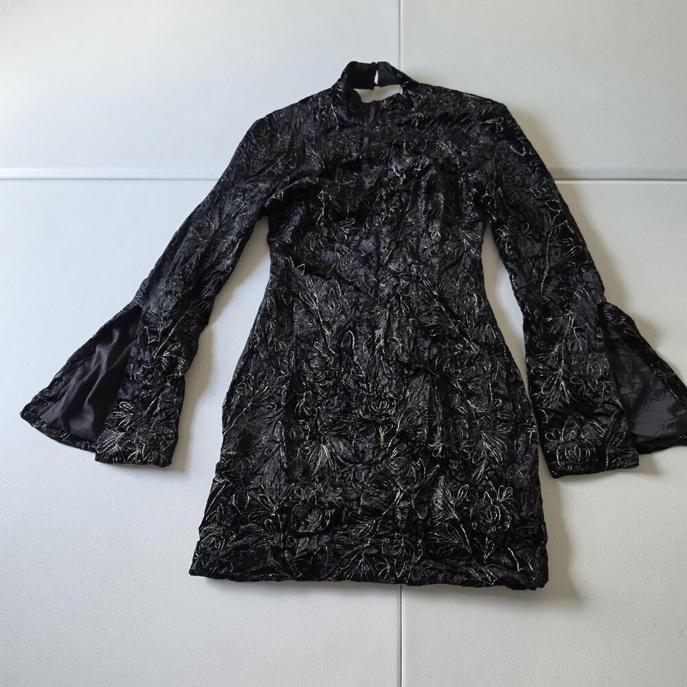 Cinq A Sept Dress 0 Black Velvet Floral Bell Sleeve Mini Whimsigoth Fairy Goth